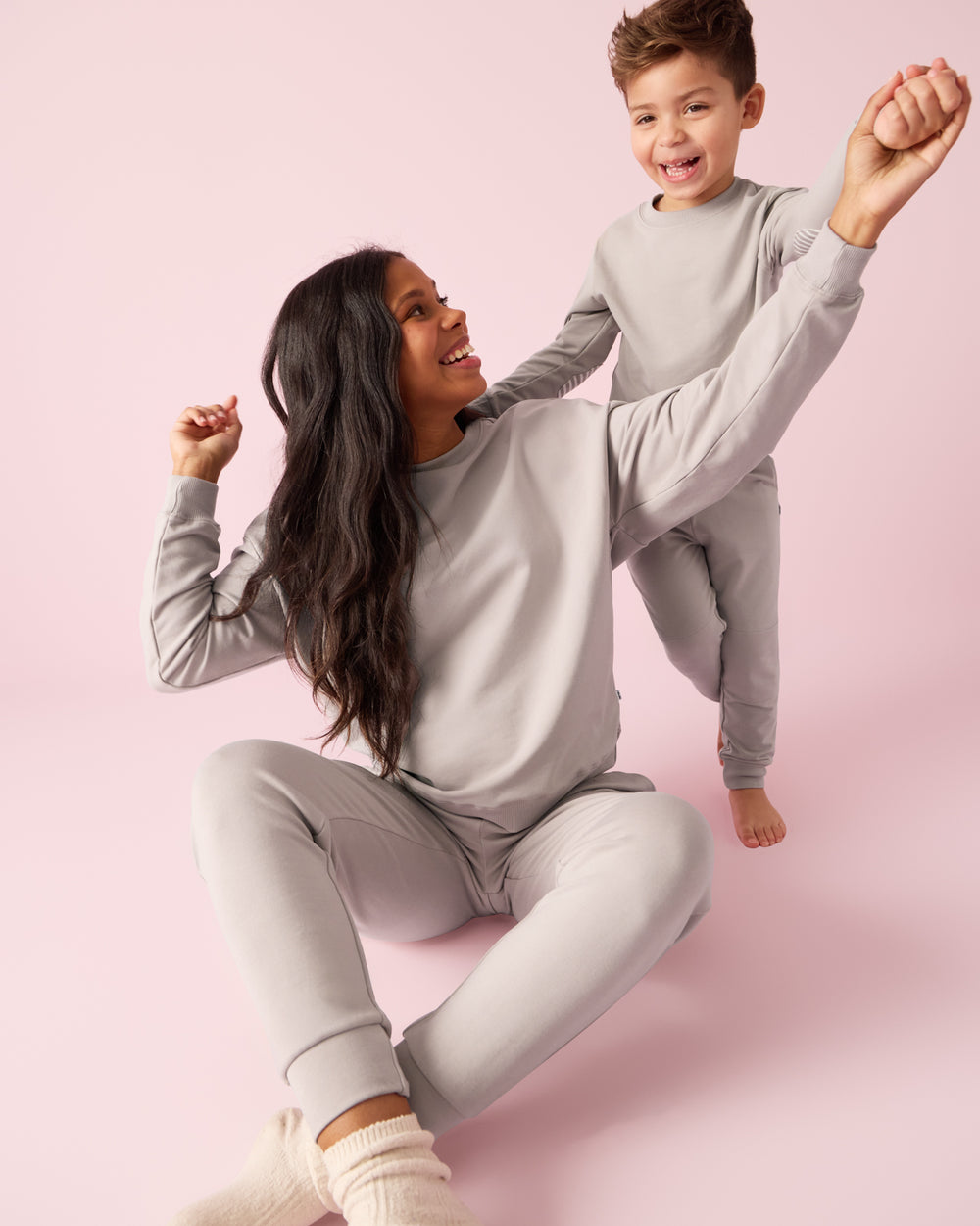 Mother and son wearing Dove Gray Crewneck and Jogger Sets