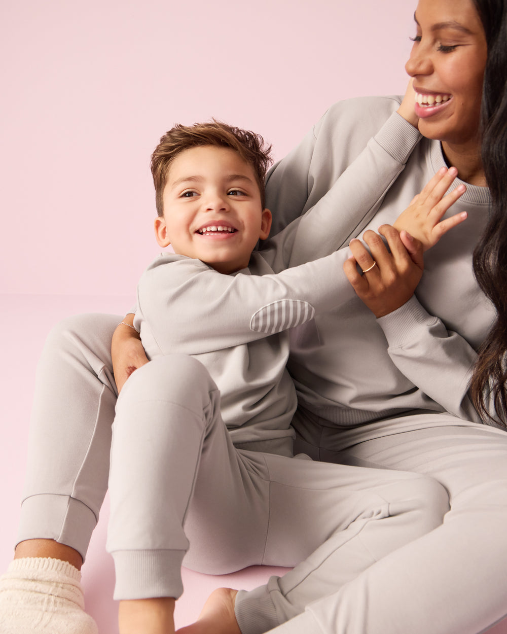 Mother and son wearing matching Dove Gray Joggers and Crewnecks