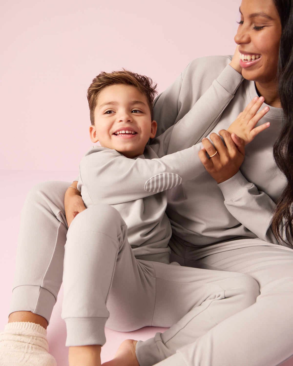Mother and son wearing matching Dove Gray Joggers and Crewnecks