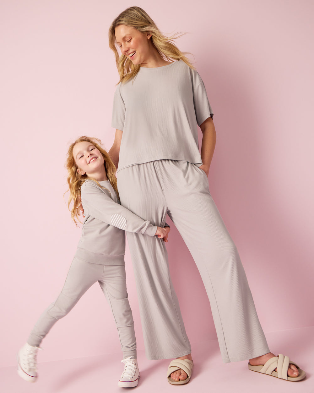 Mother and daughter wearing matching Dove Gray styles 