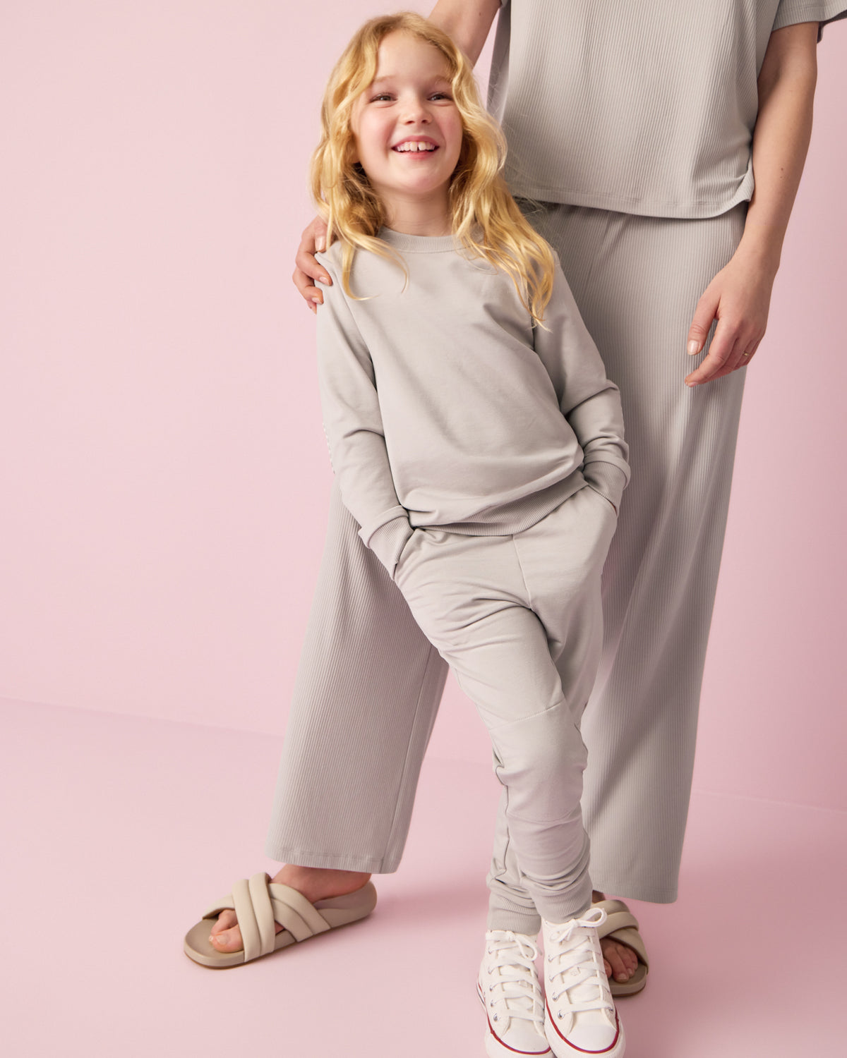 Girl standing in front of a woman wearing the Dove Gray Jogger 