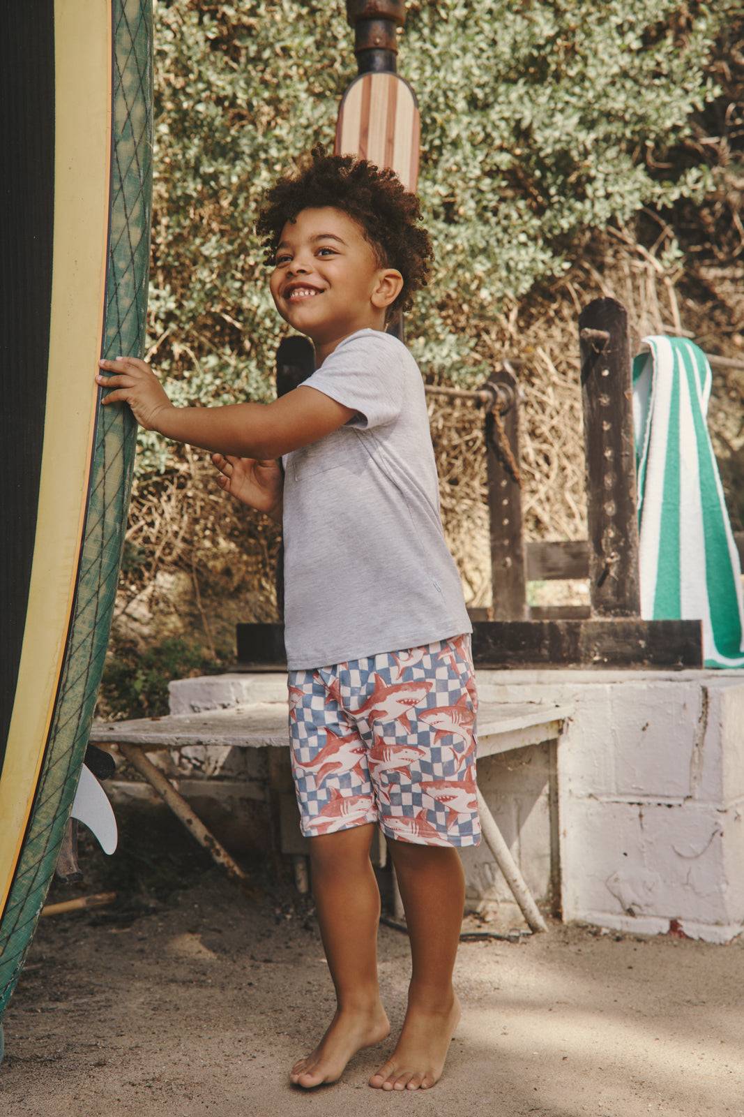 Boy wearing the Shark Fin Checks Drawstring Shorts with a gray tee