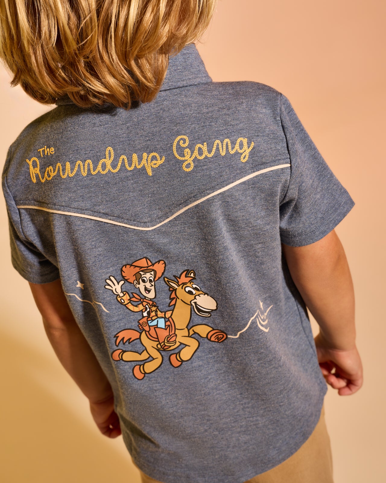 Back view of boy wearing the Disney & Pixar The Roundup Gang Button Down Polo