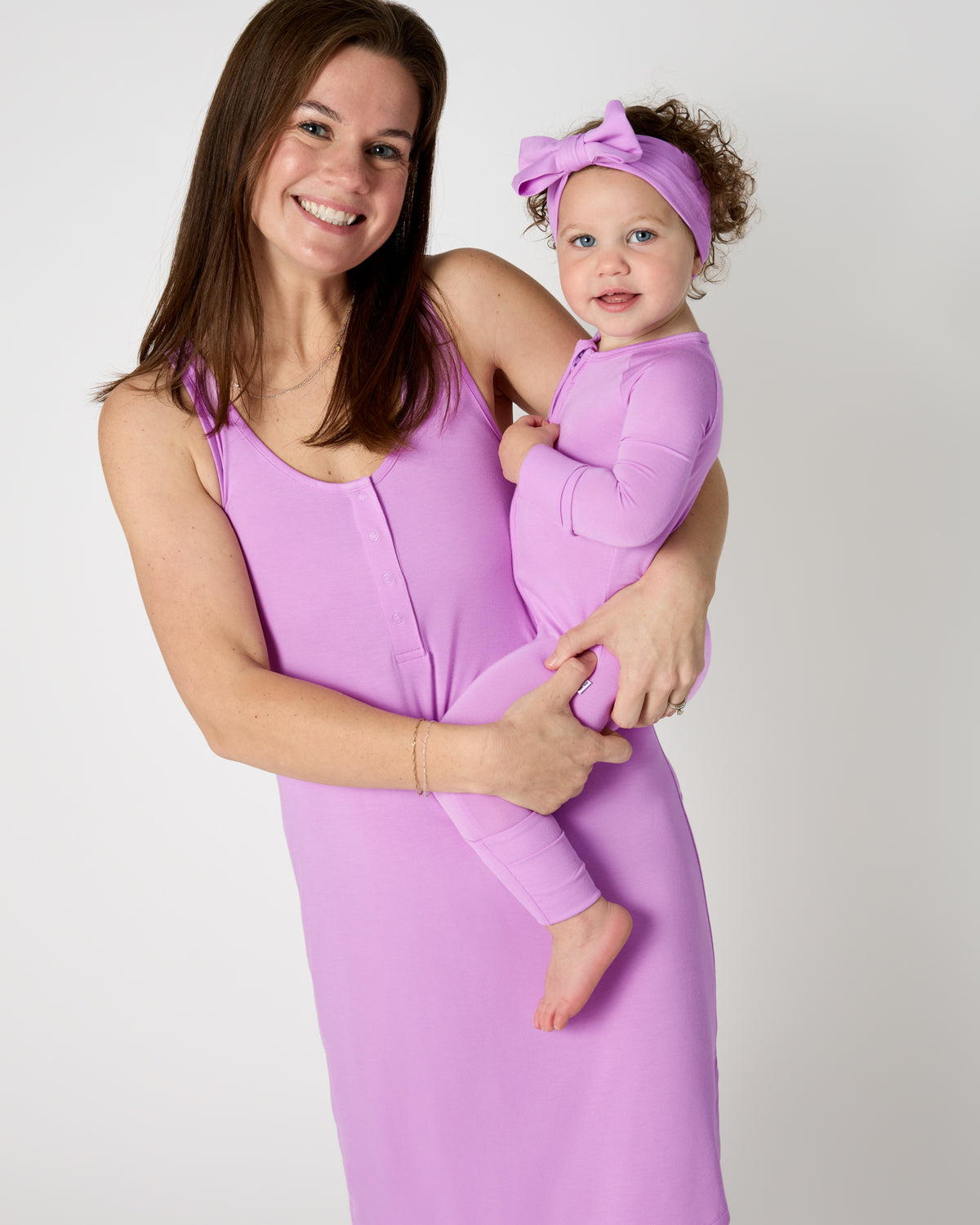 Mother and child wearing matching Soft Wisteria Pajamas
