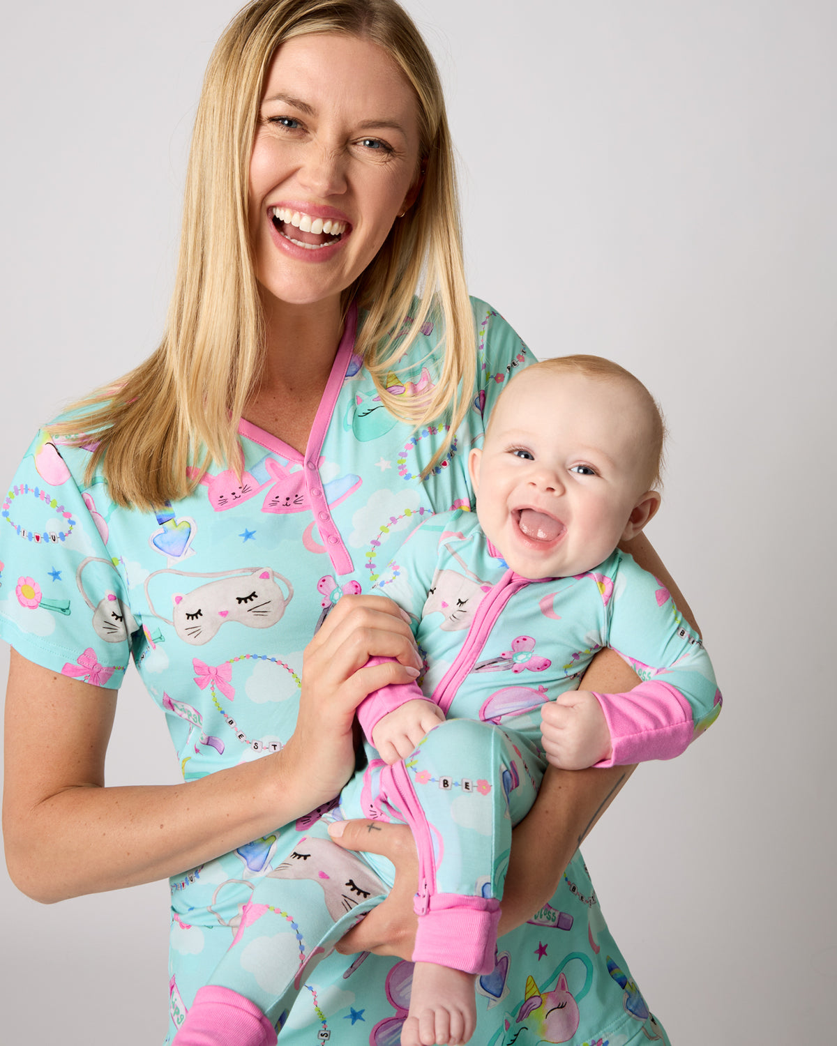 Mother and child wearing matching Slumber Club Pajamas
