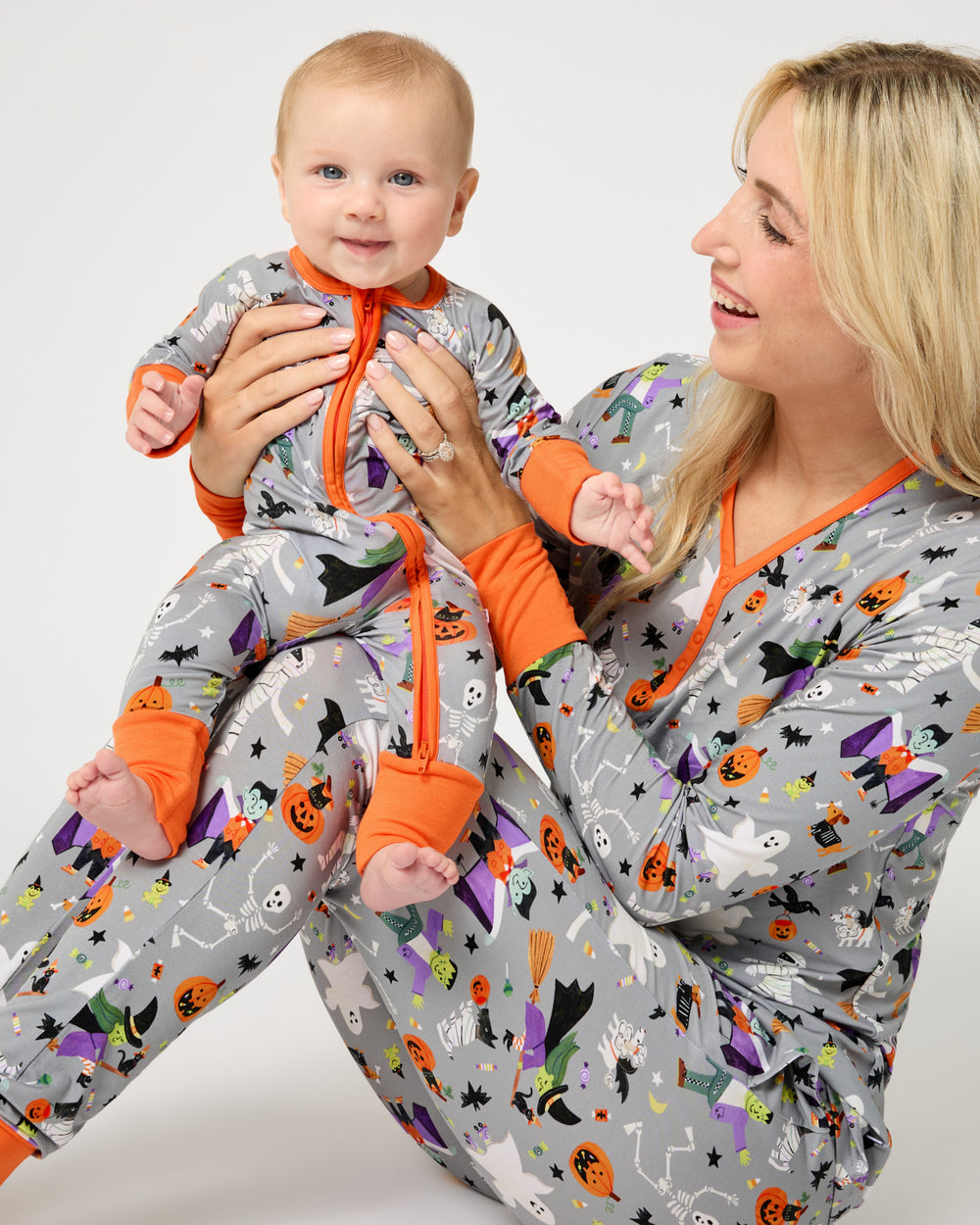 Mother and baby wearing matching Dracula's Disco PJs