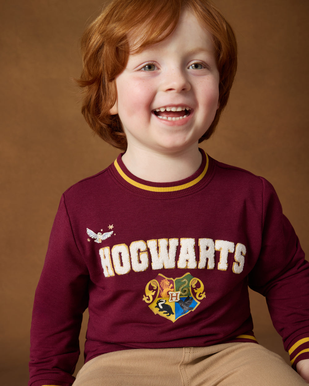 Close up of boy wearing the Harry Potter™ Spellbinding Studies Crewneck Sweatshirt on a brown back drop