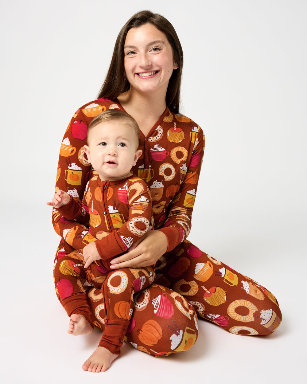 Mother and child wearing matching Harvest Sweets bamboo pajamas