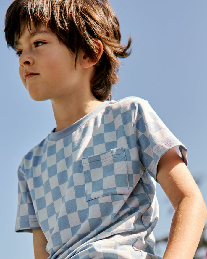 Boy wearing the Dusk Blue Checks Relaxed Pocket Tee with a blue back drop