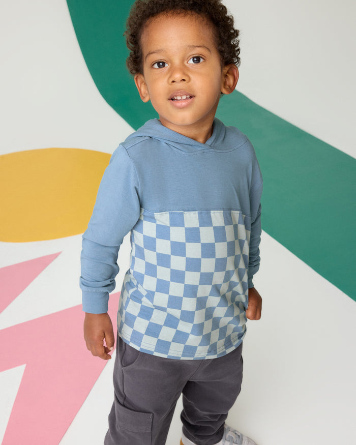 Boy wearing the Dusk Blue Checks Relaxed Hooded Tee