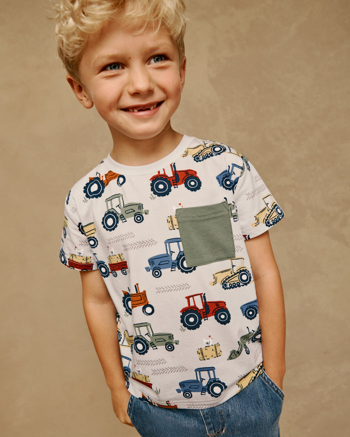 Close up of boy wearing the Tractor Tales Relaxed Pocket Tee