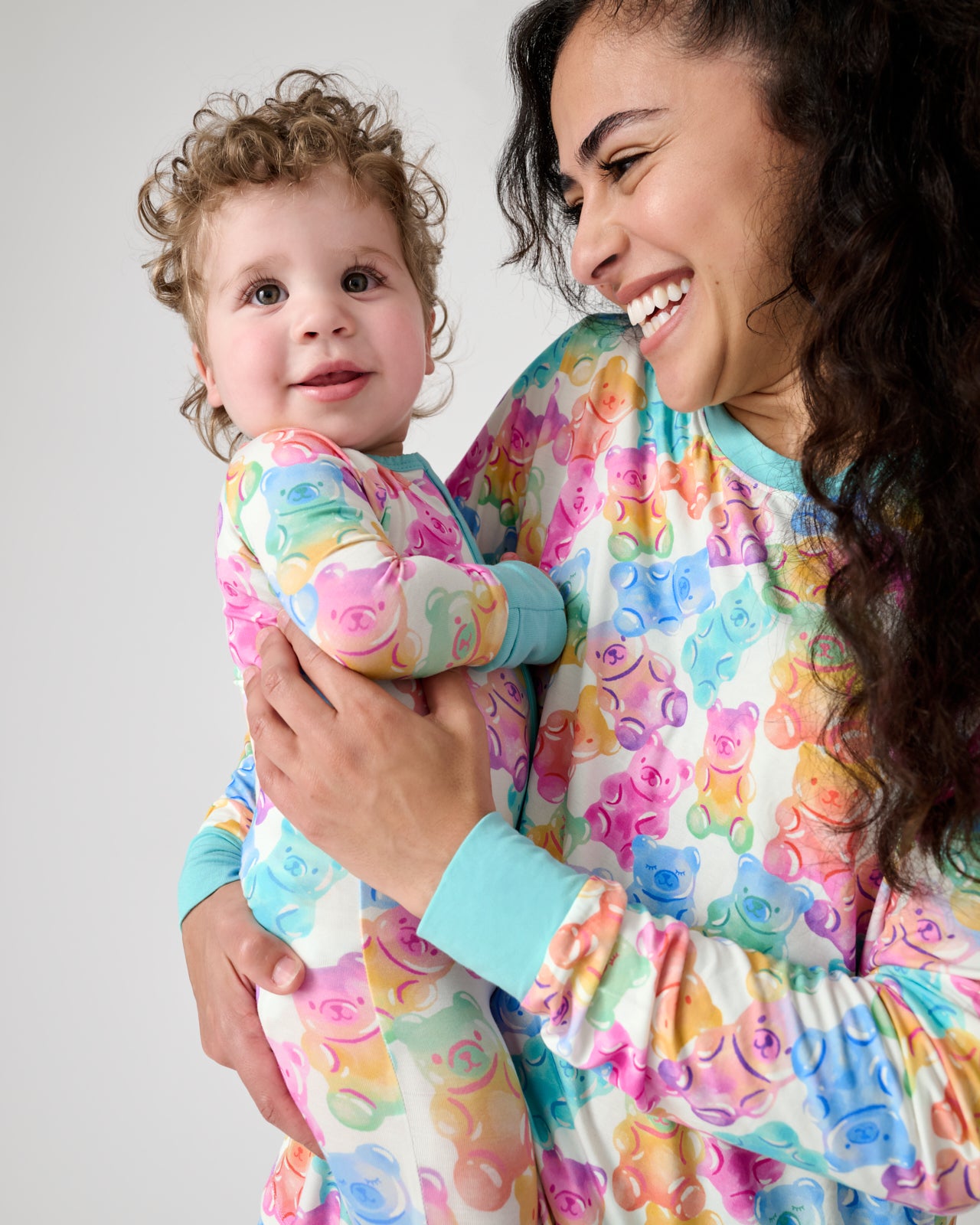 Mother and child wearing matching Gummy Giggles PJs