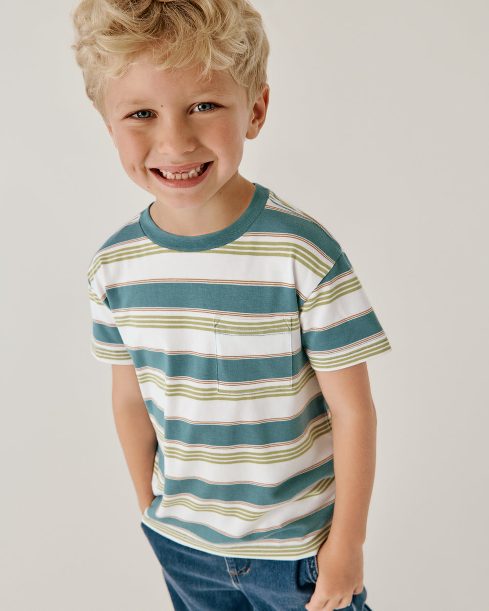 Boy wearing the Comet Stripes Relaxed Pocket Tee