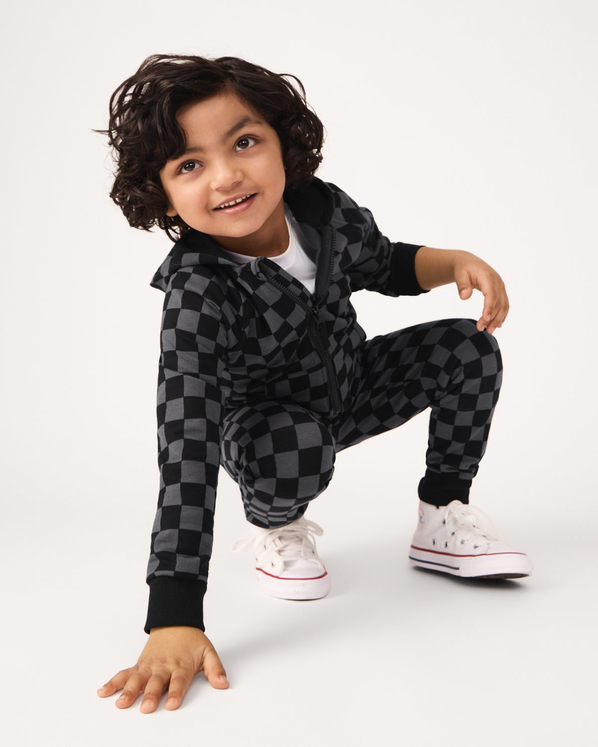 Child wearing the Monochrome Checks Hoodie Sweatshirt and Jogger