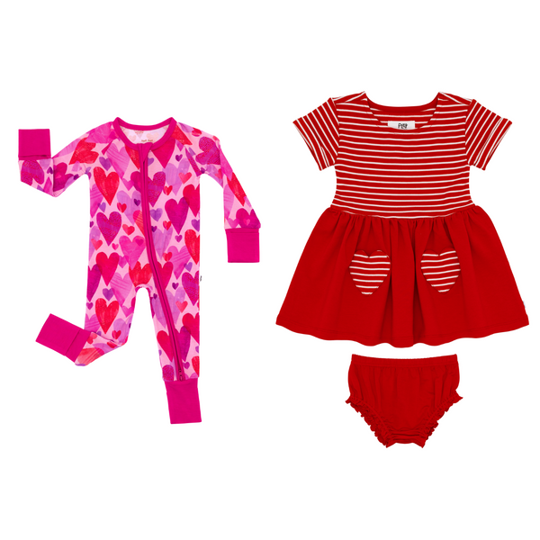 flat lay composite of a pink hearts & crafts zippy and candy red patch pocket dress with bloomer