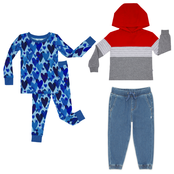 flat lay composite of a blue hearts & crafts two-piece pajama set, candy red colorblock hooded tee, and midwash blue denim jogger