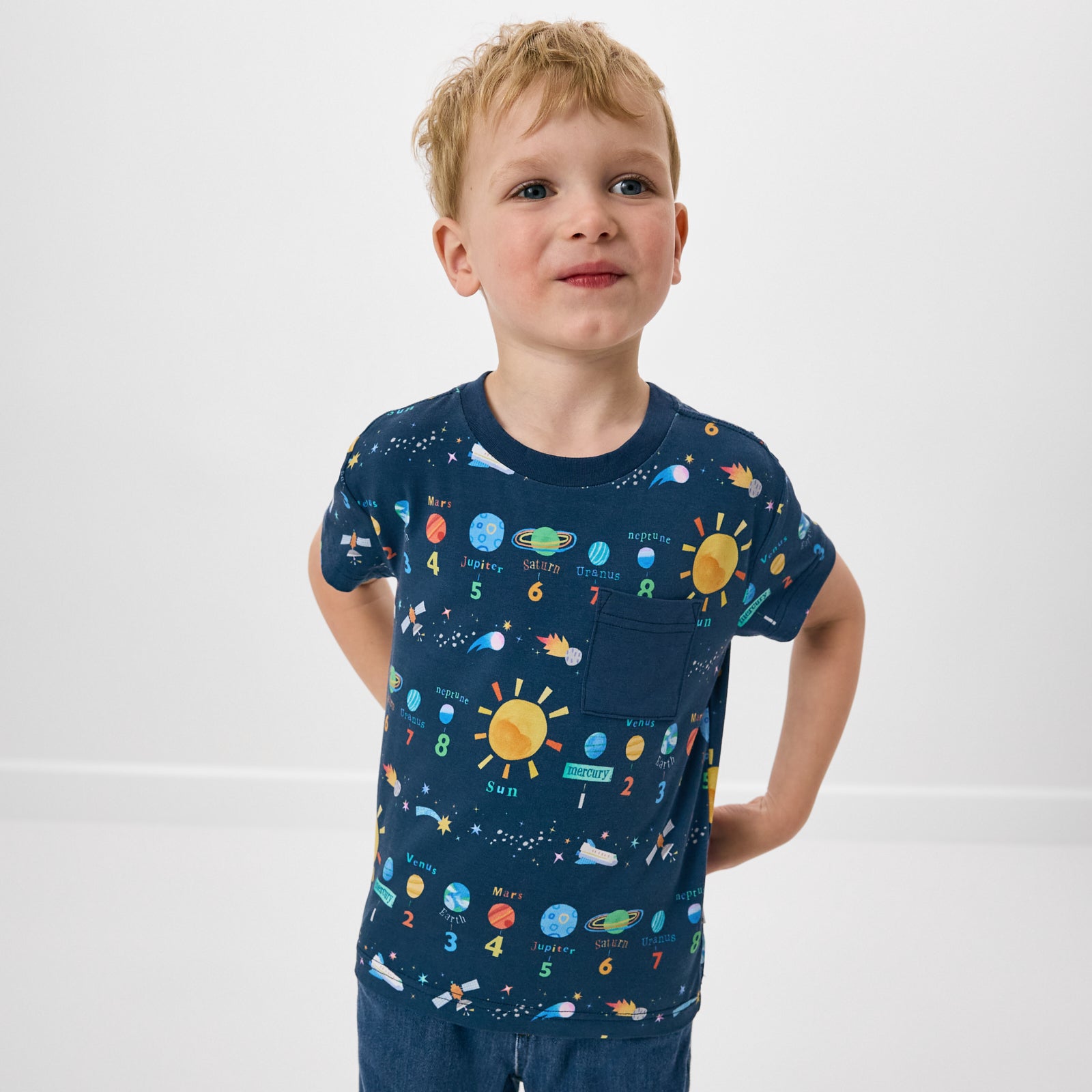 Alternate boy wearing the Solar Explorers Relaxed Pocket Tee