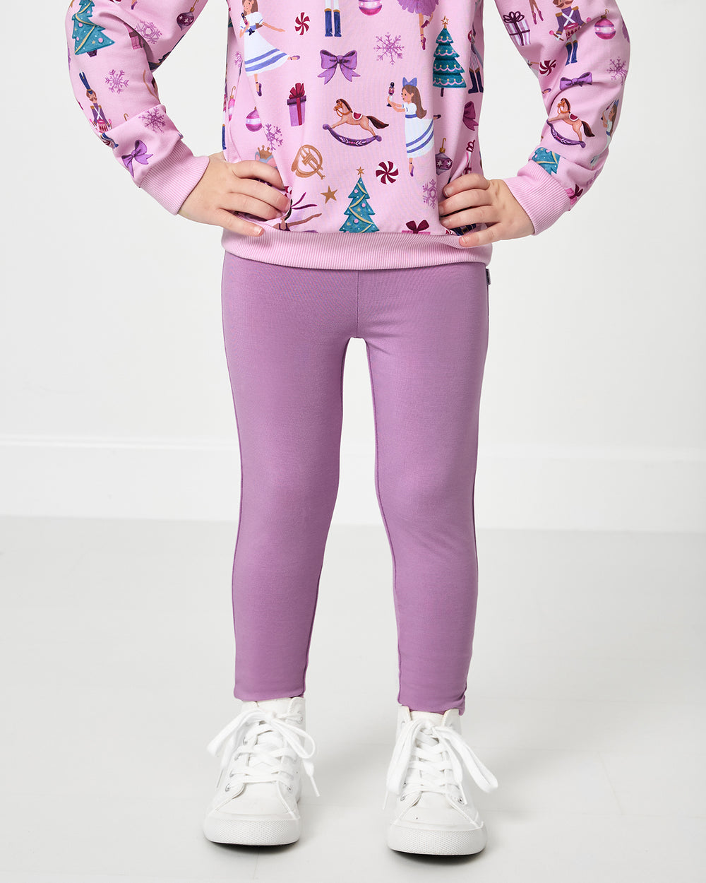 Close up of girl wearing the Lavender Herb Legging