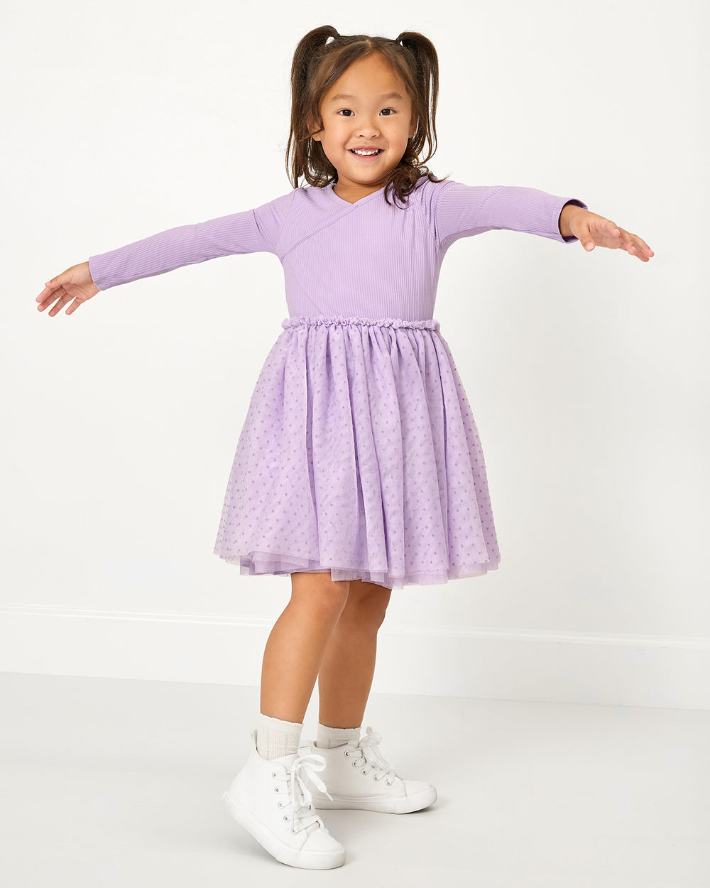 Girl wearing the Orchid Bloom Layered Tulle Dress