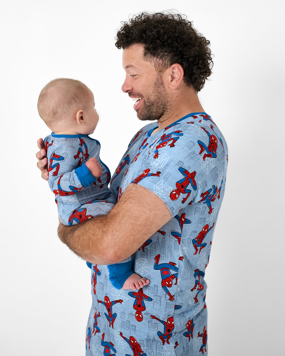 Father and baby wearing matching Spidey Sense Spider-Man PJs