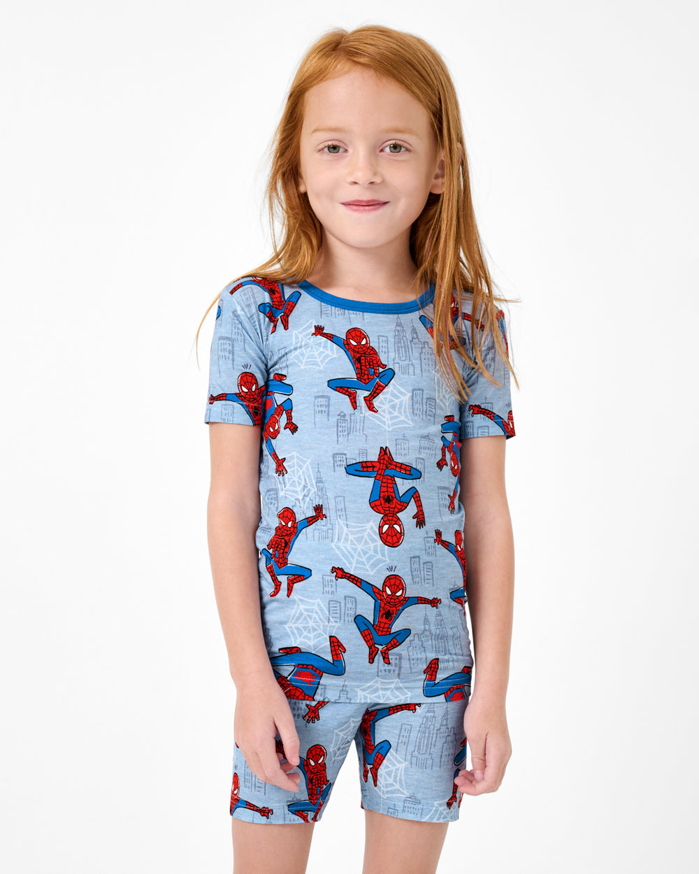 Girl wearing the Spidey Sense Two-Piece Short Sleeve & Shorts Pajama Set