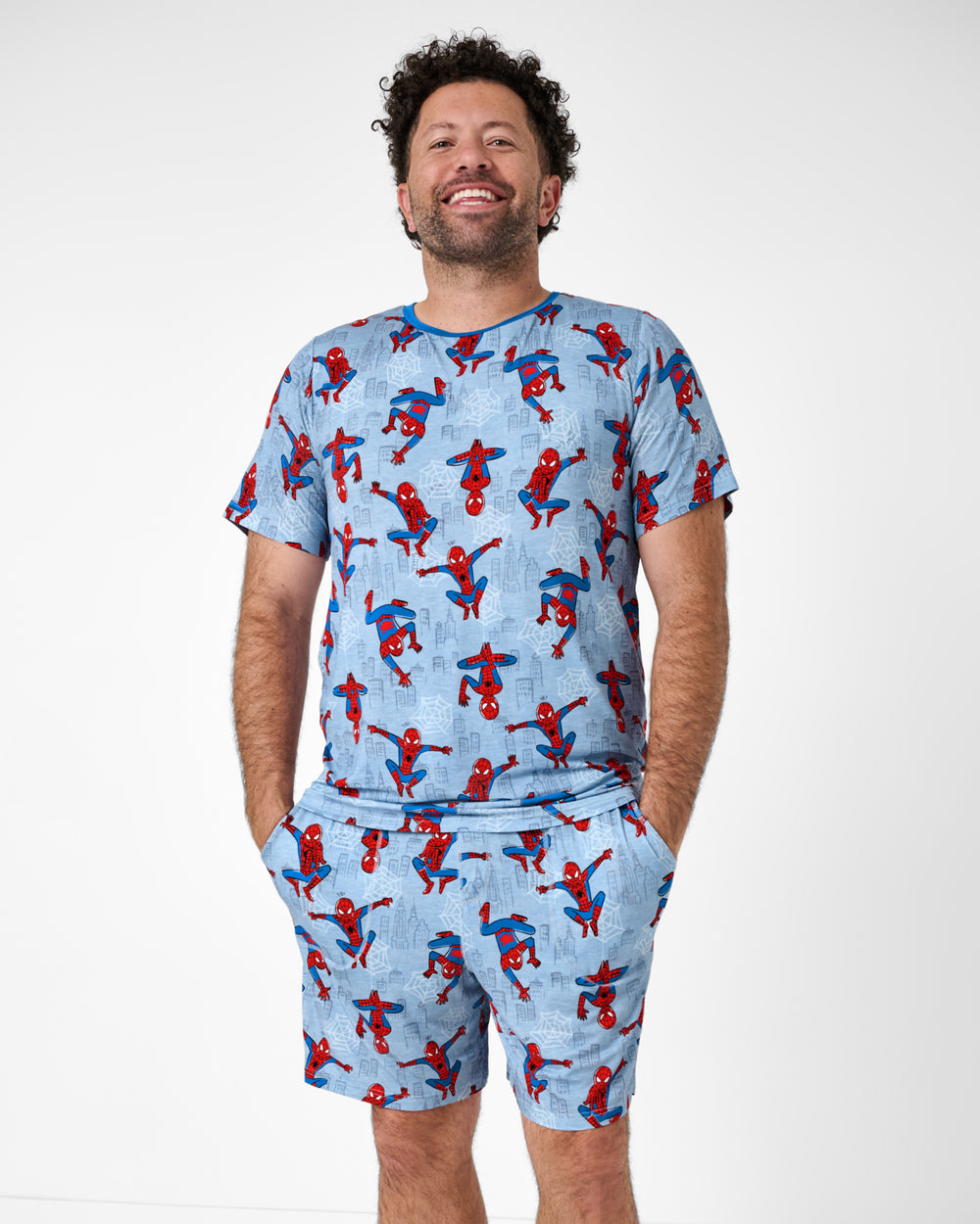 Man wearing the Spidey Sense Men's Short Sleeve Pajama Top and Shorts