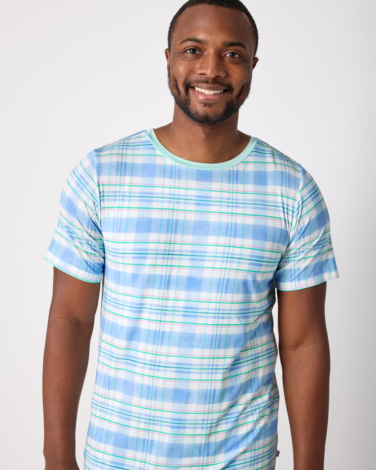 Man wearing the Springtime Plaid Men's Short Sleeve Pajama Top