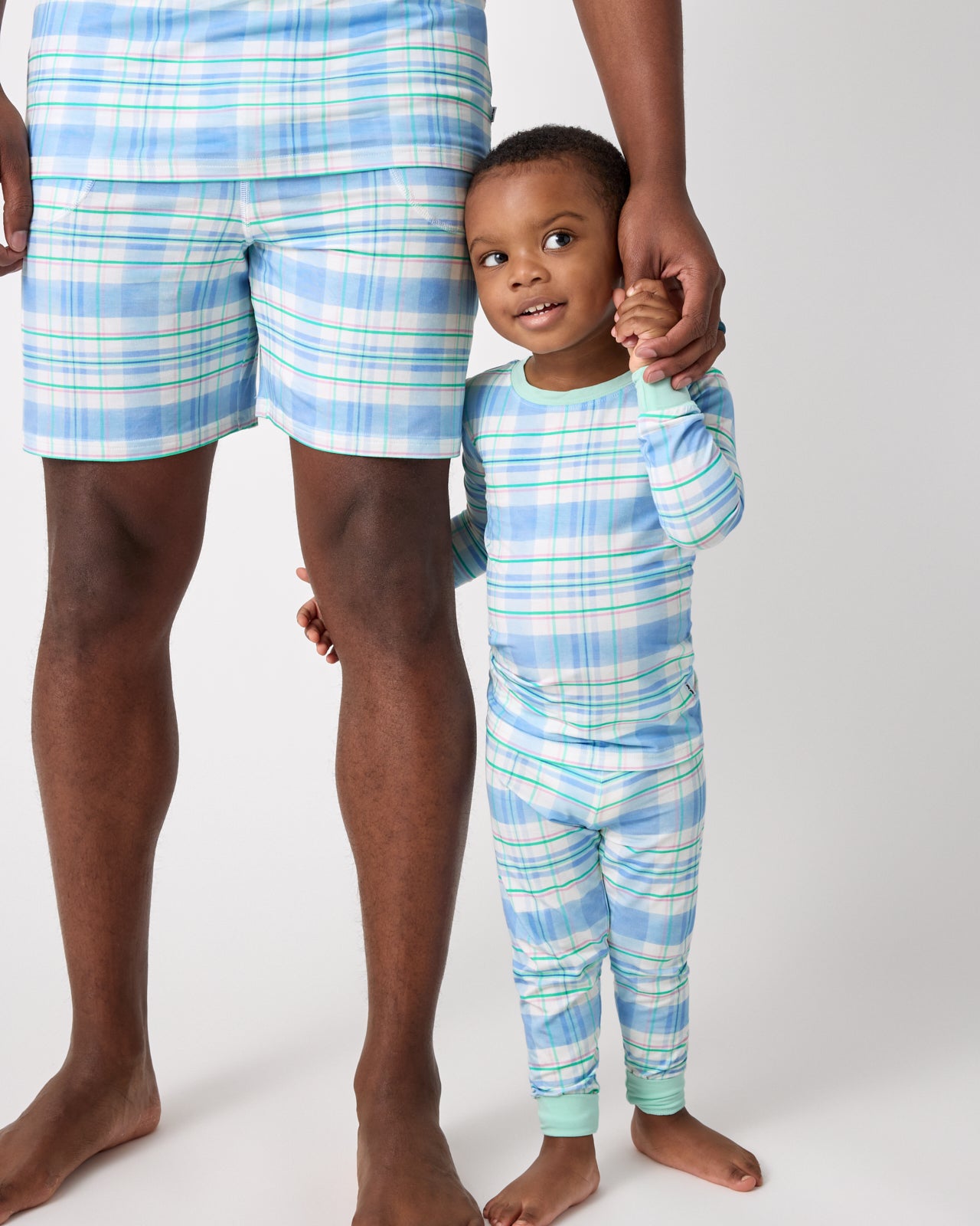 Father and son wearing matching Springtime Plaid Bamboo Pajamas