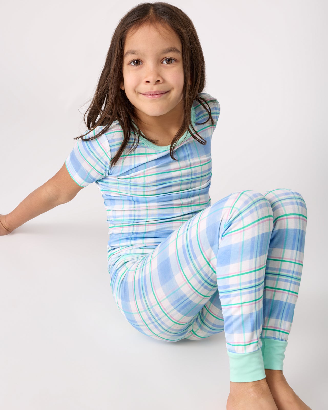 Alternate of sitting girl wearing the Springtime Plaid Two-Piece Short Sleeve Pajama Set