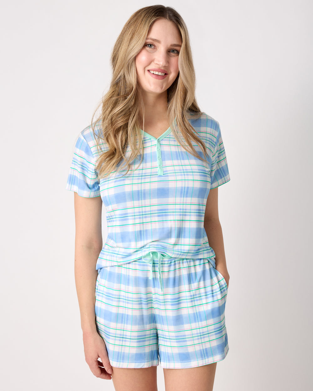 Close up of woman wearing the Springtime Plaid Women's Pajama Shorts