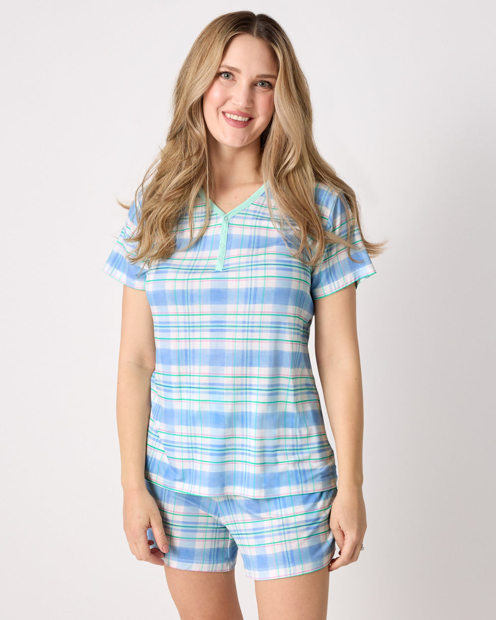 Alternate woman wearing the Springtime Plaid Women's Short Sleeve Pajama Top