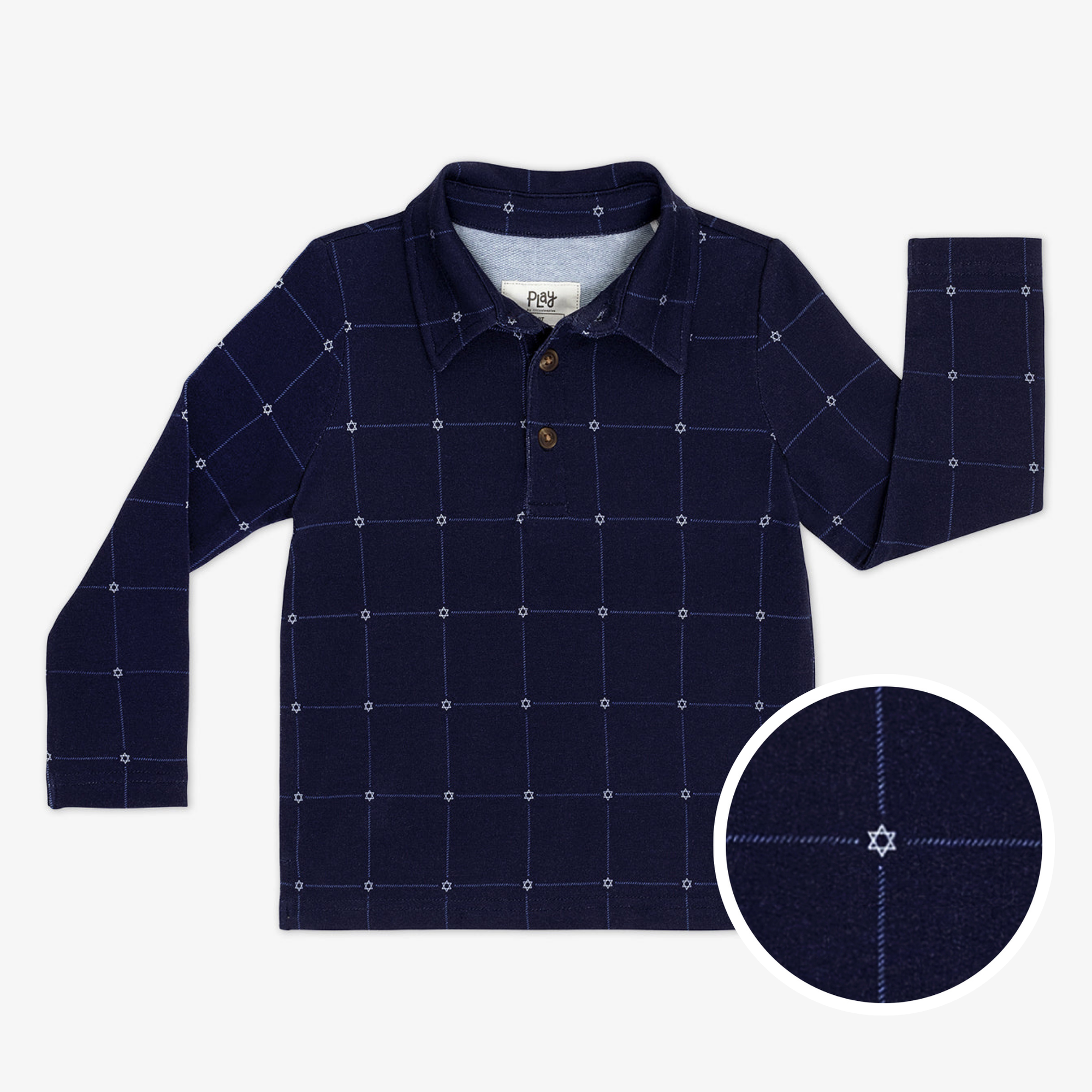 flat lay of polo with a close up showing Star of David detail