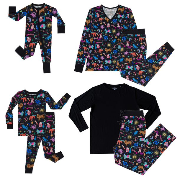 flat lay composite of a star signs zippy, two-piece pajama set, women's pajamas, men's pajama pants, and black men's pajama top