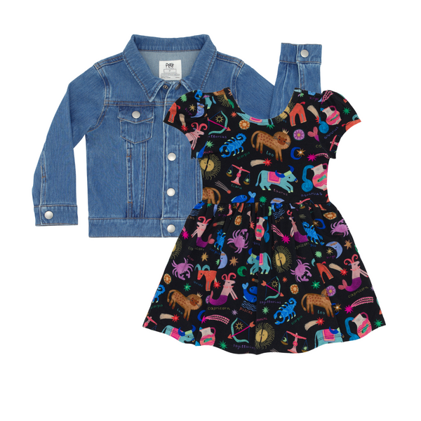 flat lay composite of a star signs skater dress and midwash blue denim trucker jacket