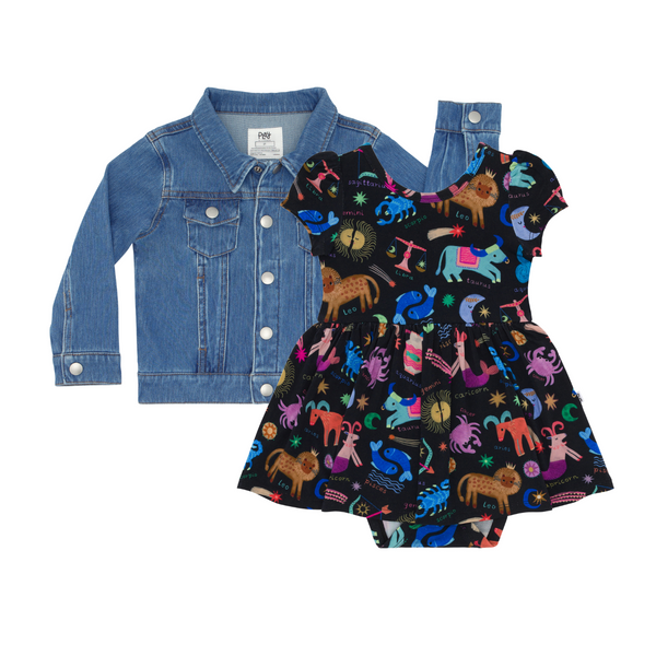 flat lay composite of a star signs skater dress with bodysuit and midwash blue denim trucker jacket