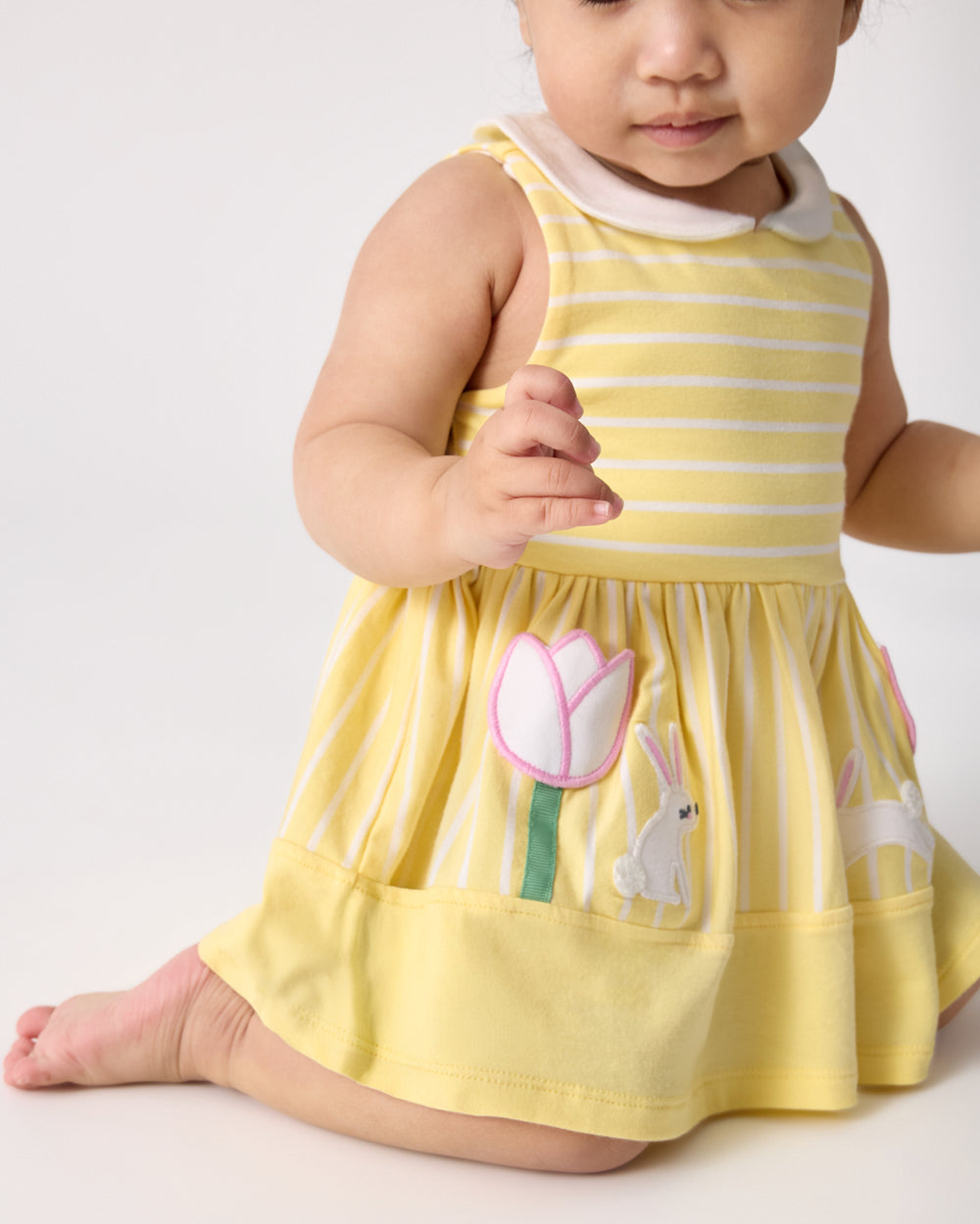 Close up of the tulip detail on the Sunny Tulip Collar Skater Dress with Bloomer