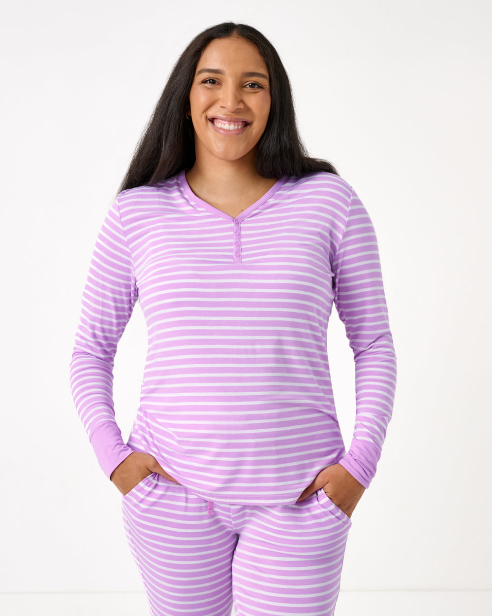 Woman wearing the Sweet Orchid Stripe Women's Long Sleeve Pajama Top