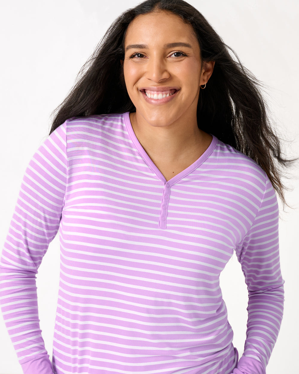 Close up of woman wearing the Sweet Orchid Stripe Women's Long Sleeve Pajama Top