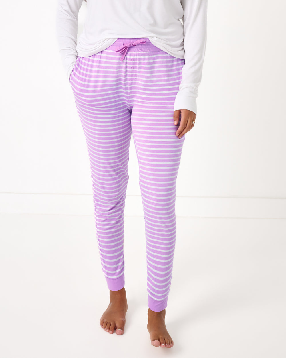 Woman wearing the Sweet Orchid Stripe Women's Pajama Pants