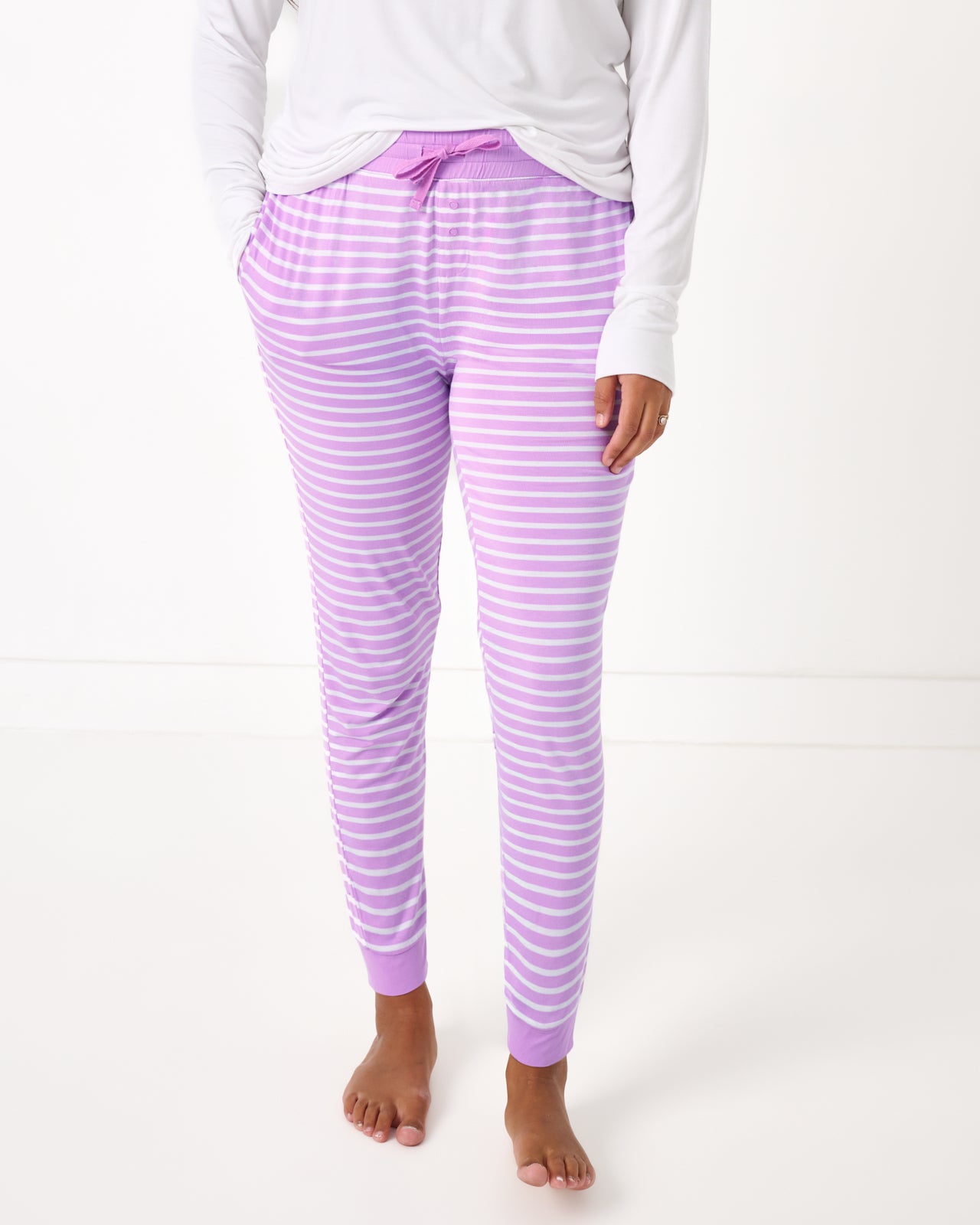 Woman wearing the Sweet Orchid Stripe Women's Pajama Pants