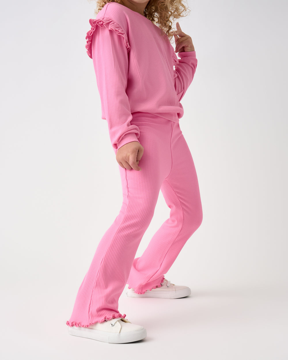 Girl wearing the Sweet Pink Ribbed Flare Pant