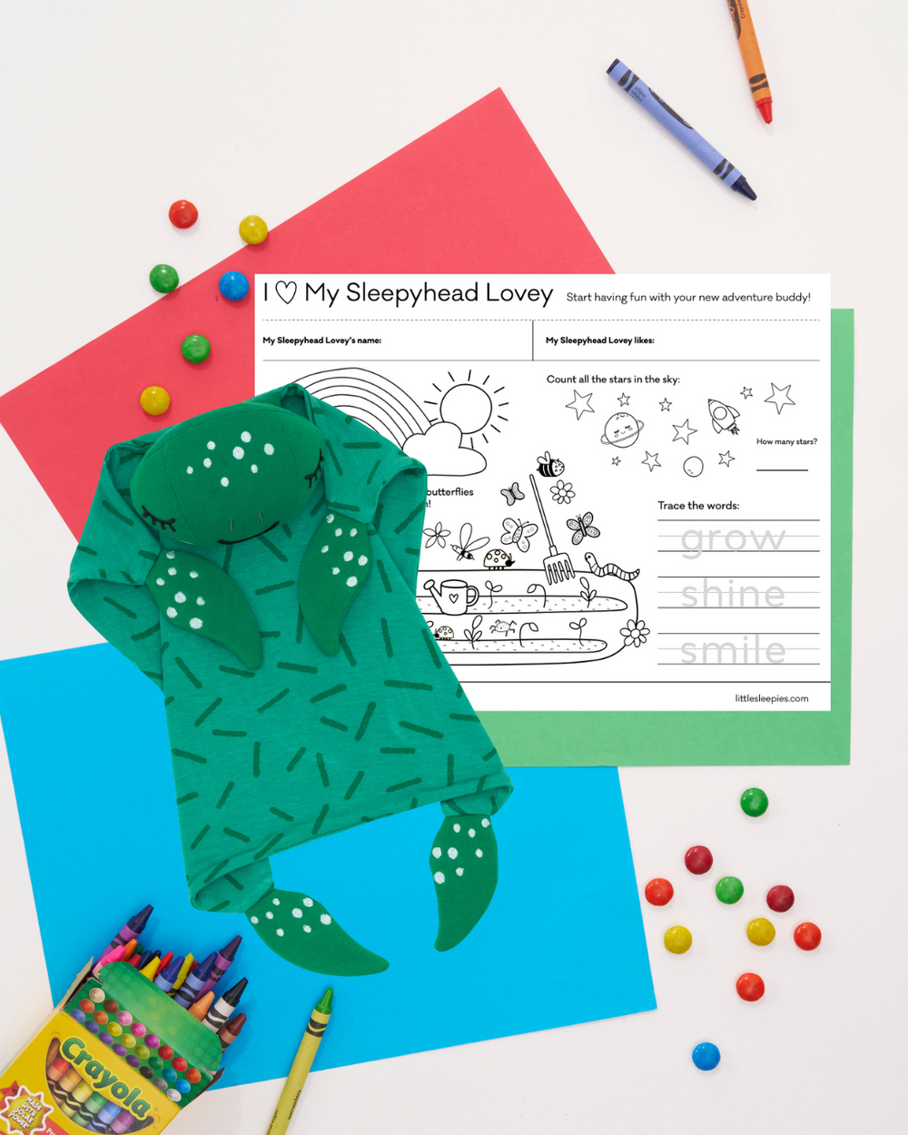 Flat lay image of Tilly the turtle with Tilly's free coloring sheet