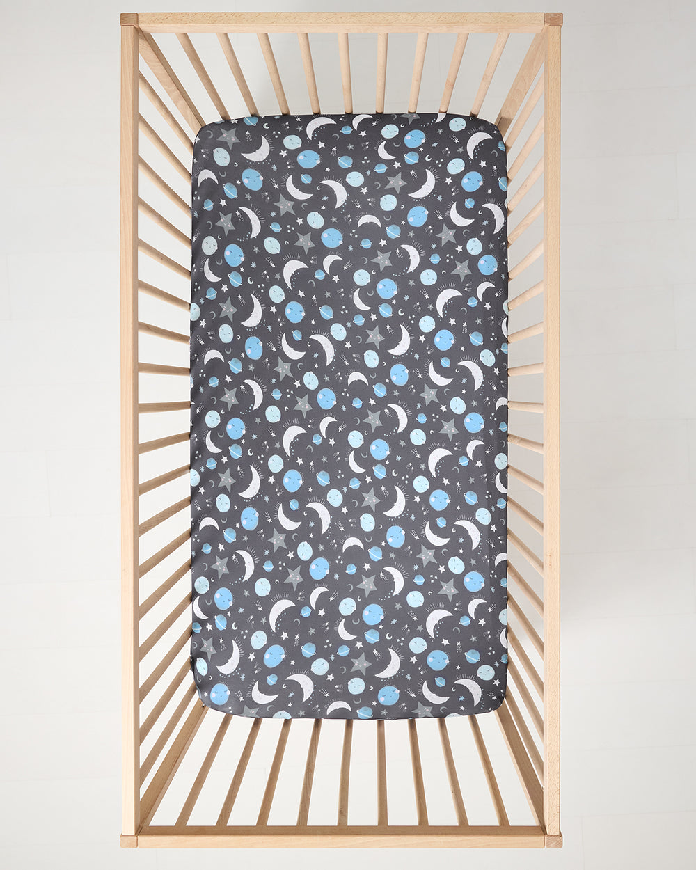 Aerial view of the Blue To the Moon & Back Fitted Crib Sheet