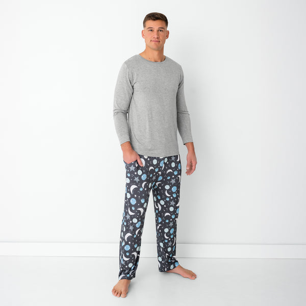 Standing man wearing the Blue To the Moon & Back Men's Pajama Pants