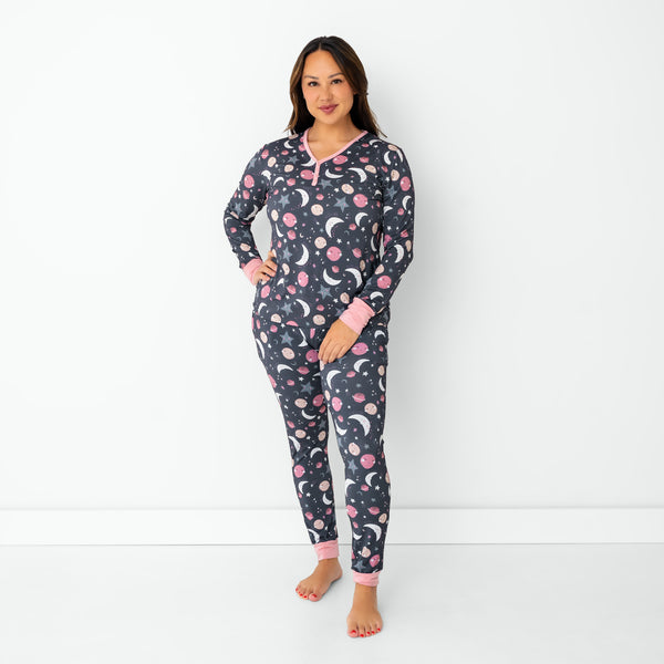Standing woman wearing the Pink To the Moon & Back Women's Bamboo Pajama Top