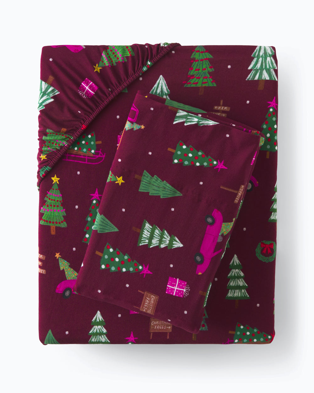 Flat lay of the Cranberry Tree Traffic Twin Sheet Set