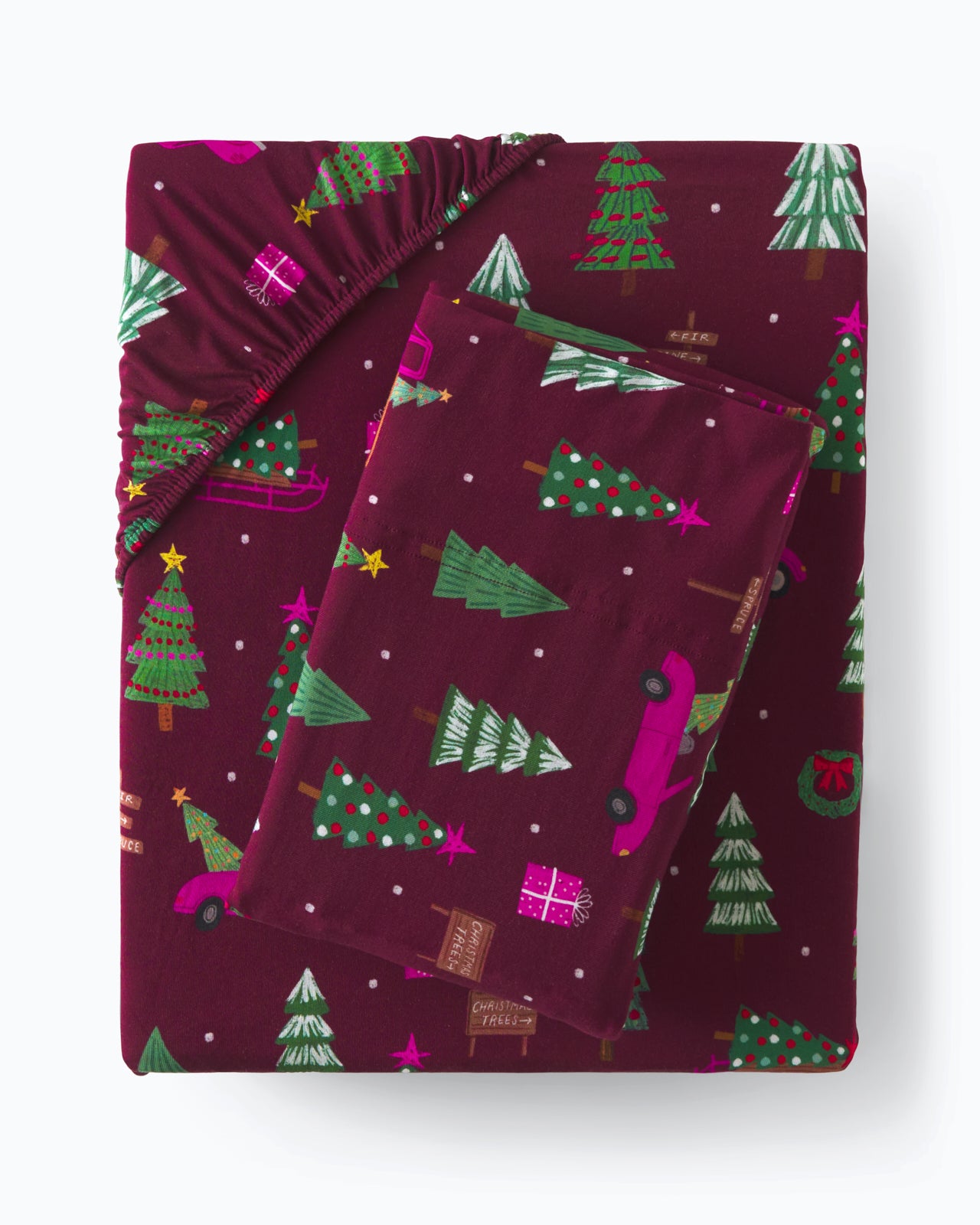 Flat lay of the Cranberry Tree Traffic Twin Sheet Set