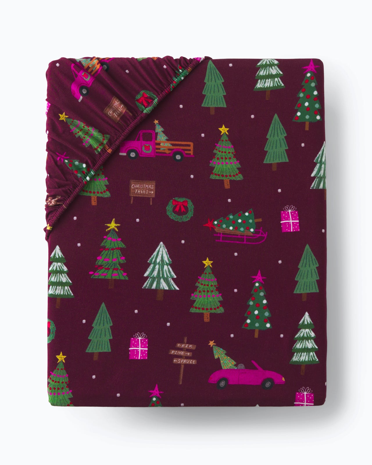 Flat lay of the Cranberry Tree Traffic Fitted Crib Sheet