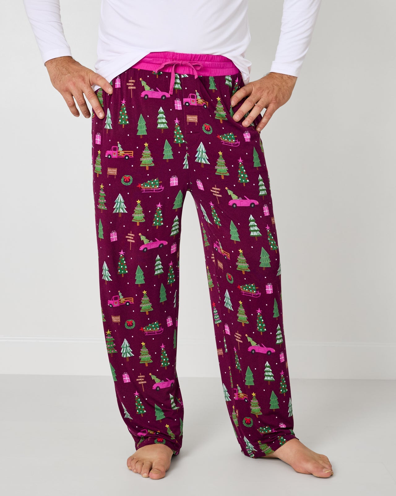 Man wearing the Cranberry Tree Traffic Men's Pajama Pants