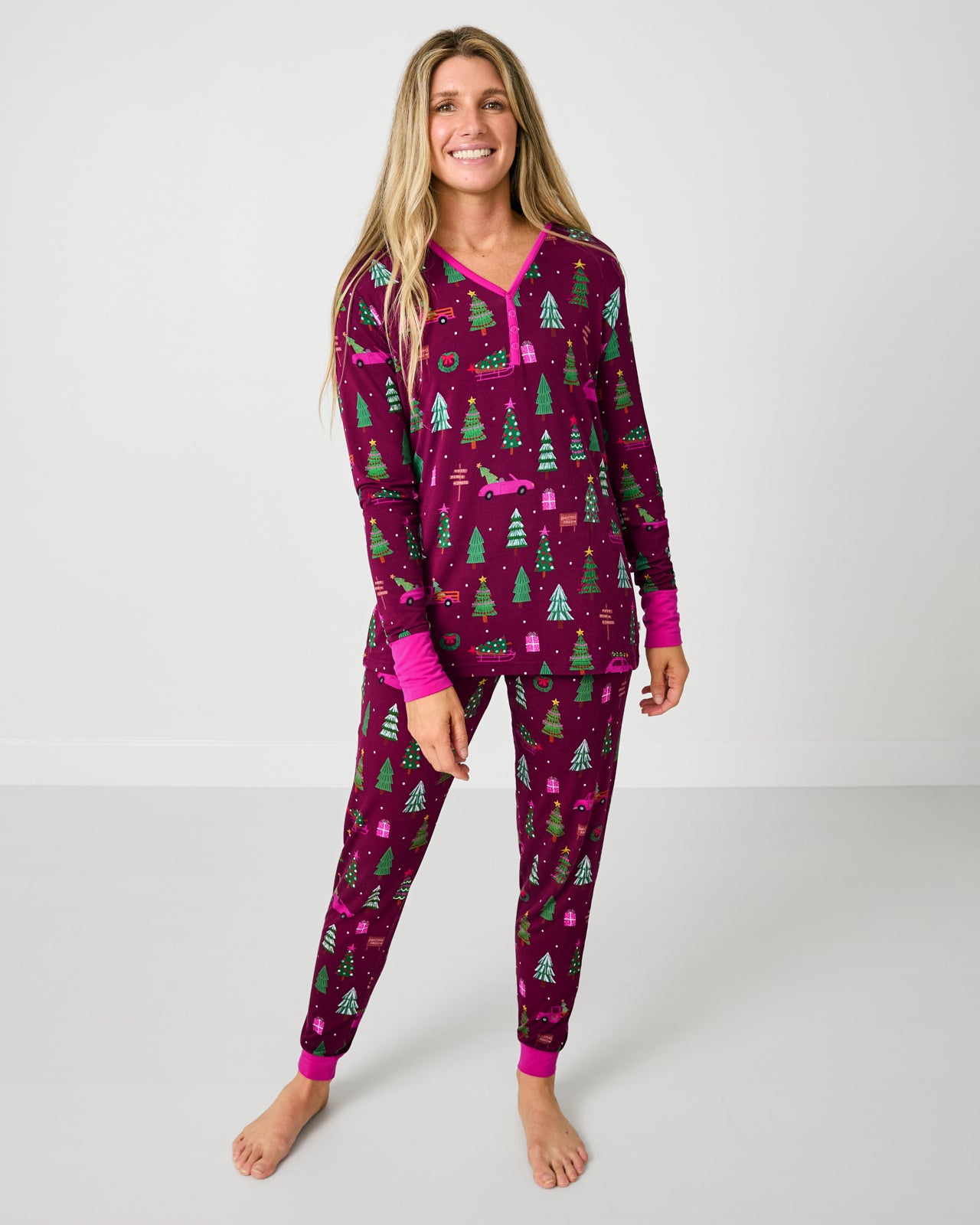 Standing woman wearing the Cranberry Tree Traffic Women's Pajama Pants with the matching top